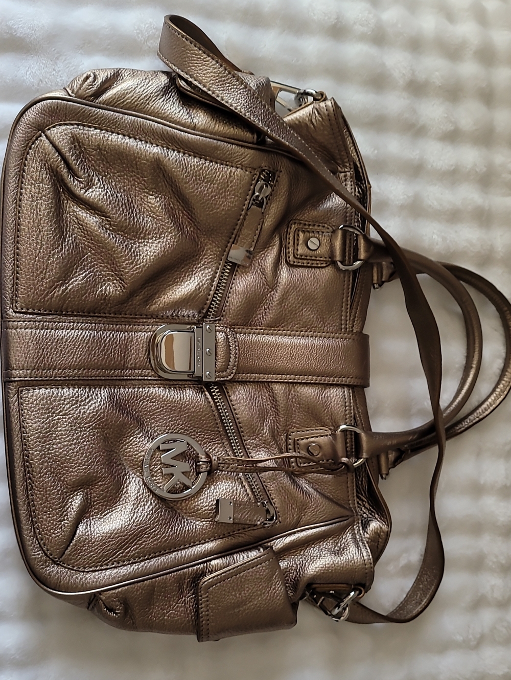 Michael Kors Metallic Bronze Leather Shoulder Bag with MK Charm